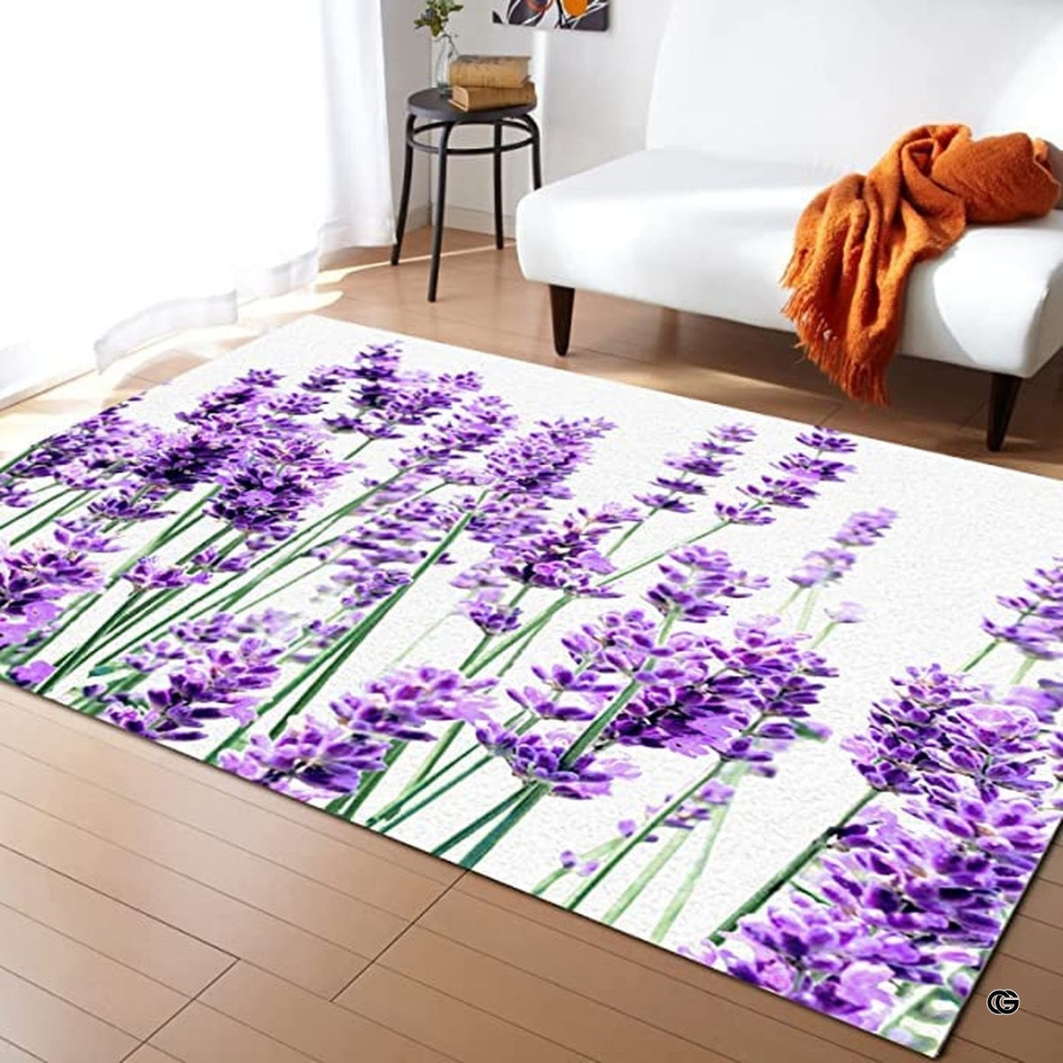 Purple Provence lavender botanical field rectangular area rug in living room. - image 1 of 5