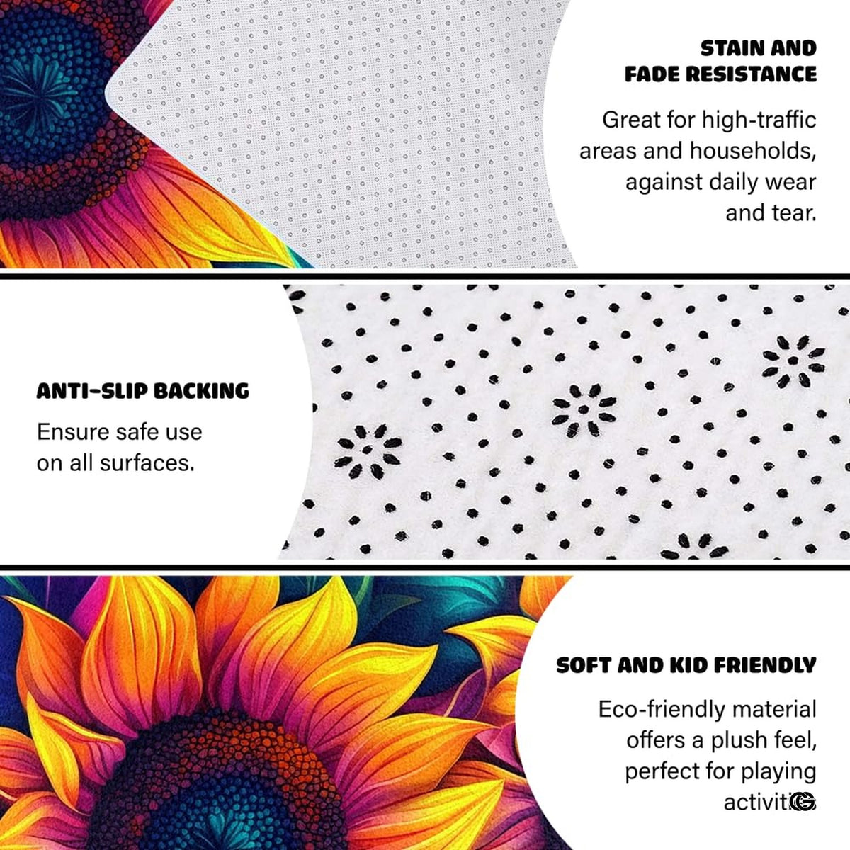 Sunflower outdoor area rug motif shown in bright patio setting with lush magenta and navy garden details.