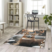Woodland buck deer area rug arranged with timber furniture fitting a winter cottage floor plan. - thumbnail image 5 of 5