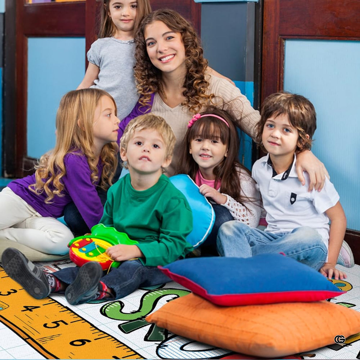 Back to school doodle area rug anchoring a vibrant playroom reading corner.