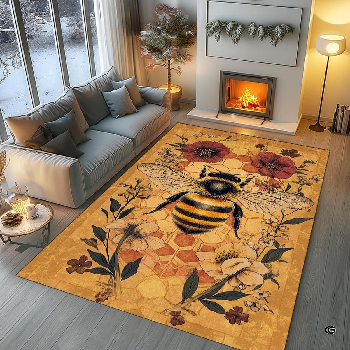 Living room interior setting enhanced by the decorative accent amber tones of the vintage honey bee area rug.