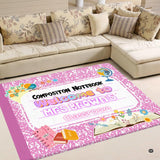 Living room sofa setting displaying the pink marbled composition notebook teacher area rug