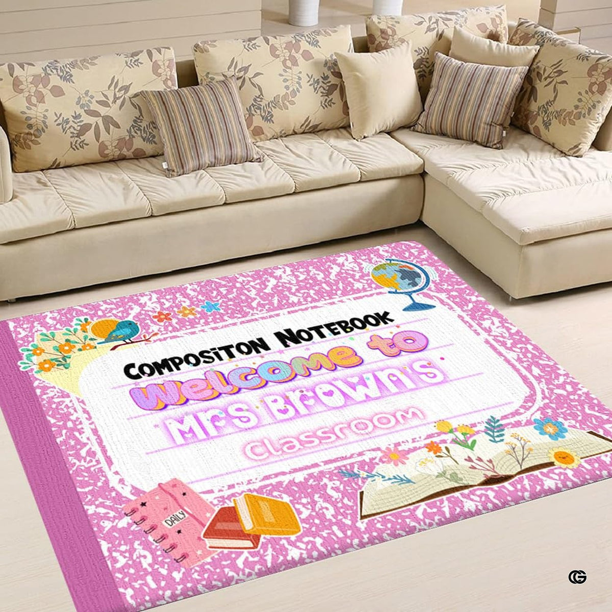 Living room sofa setting displaying the pink marbled composition notebook teacher area rug - image 1 of 6
