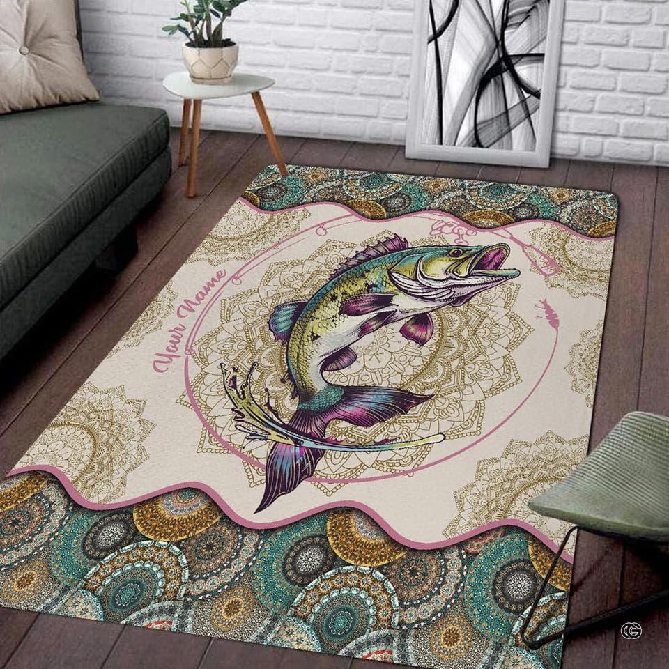 Bohemian mandala leaping fish rectangular area rug styled on dark wood floorboards in a contemporary living room.