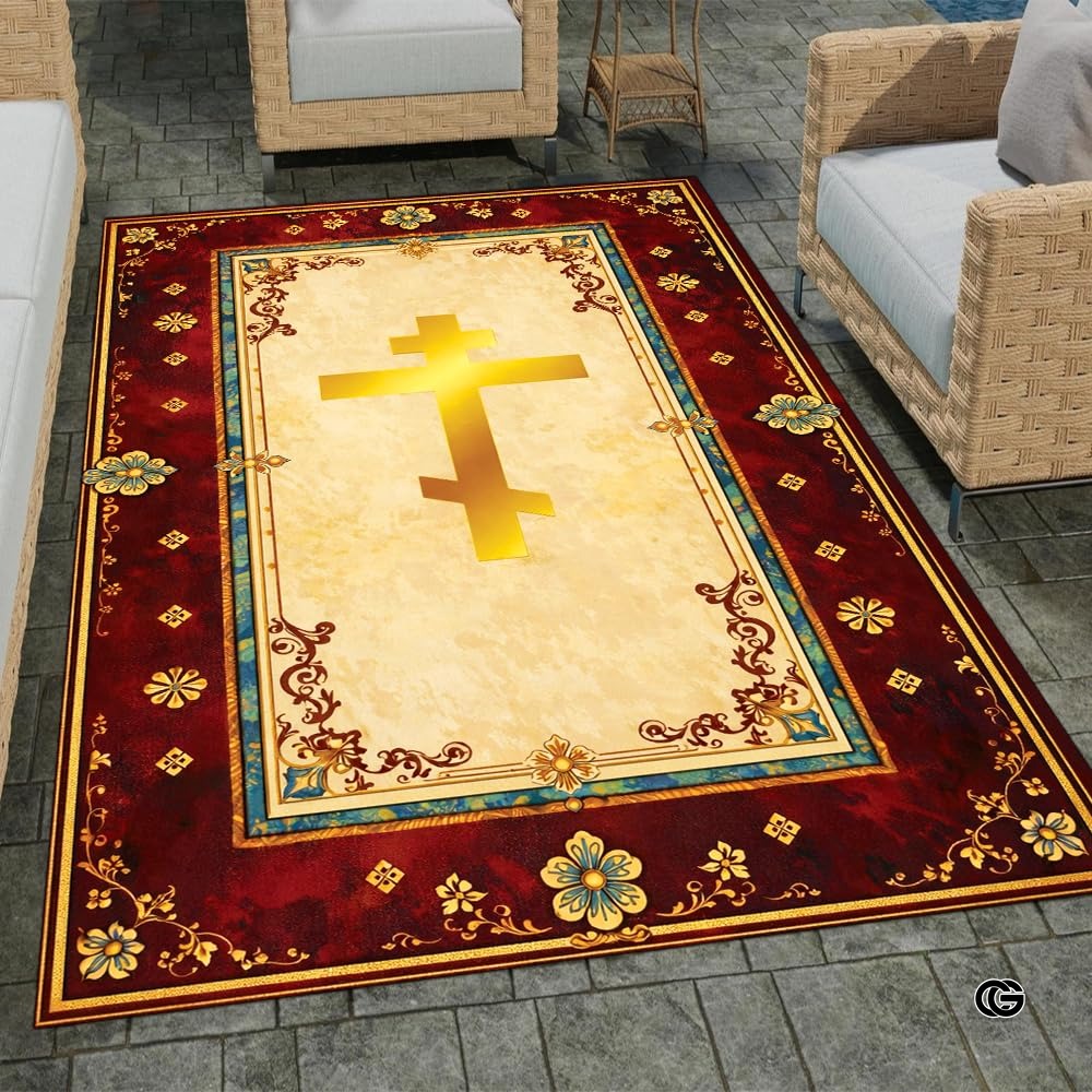 Personalized Orthodox Christian Area Rug, Custom Eastern Orthodox Russian Greek Byzantine Non-Slip Rug for Women Men, IC XC Nika Cross Mat for Living Room, Bedroom, Church Decor (D7)