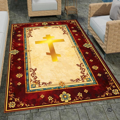 Personalized Orthodox Christian Area Rug, Custom Eastern Orthodox Russian Greek Byzantine Non-Slip Rug for Women Men, IC XC Nika Cross Mat for Living Room, Bedroom, Church Decor (D7)