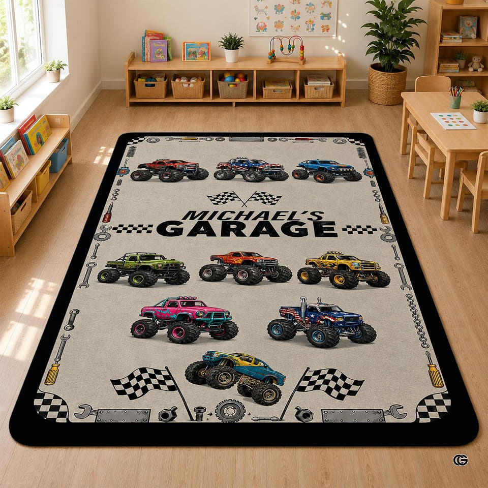 Alphabet rug kids room floor centerpiece with letter blocks, stars, and books.