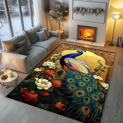 Full overhead perspective of peacock botanical illustration on decorative area rug. - thumbnail image 5 of 8