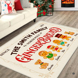 Holiday gingerbread decorative accent scene area rug with puppy, kitten, and corner scrollwork on cream background.
