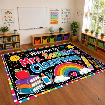 Personalized Teacher Classroom Rug, Custom Back to School Welcome Mat with Name, Kindergarten Preschool Elementary Decor, Composition Notebook Carpet (A09)
