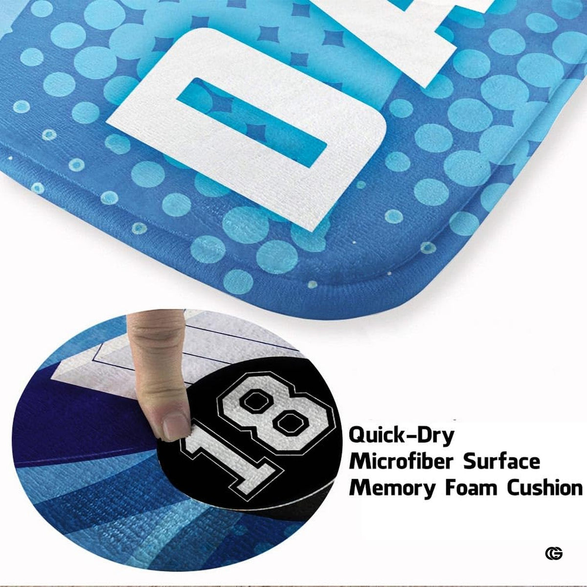 Detailed view of halftone dot-matrix graphic patterns in royal blue, white, and cyan on an area rug. - image 3 of 7