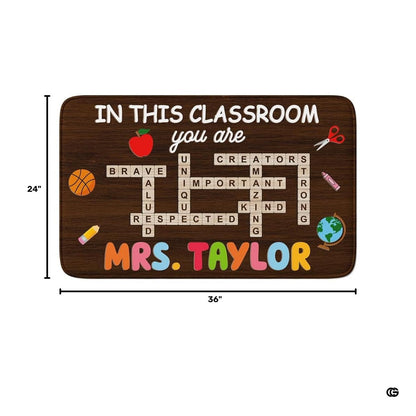 Educational floor decor displaying scissors, pencil, crayon, and crossword letter motif on wood planks. - thumbnail image 3 of 8