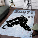 Custom ice hockey goalie rink living room area rug with butterfly save silhouette