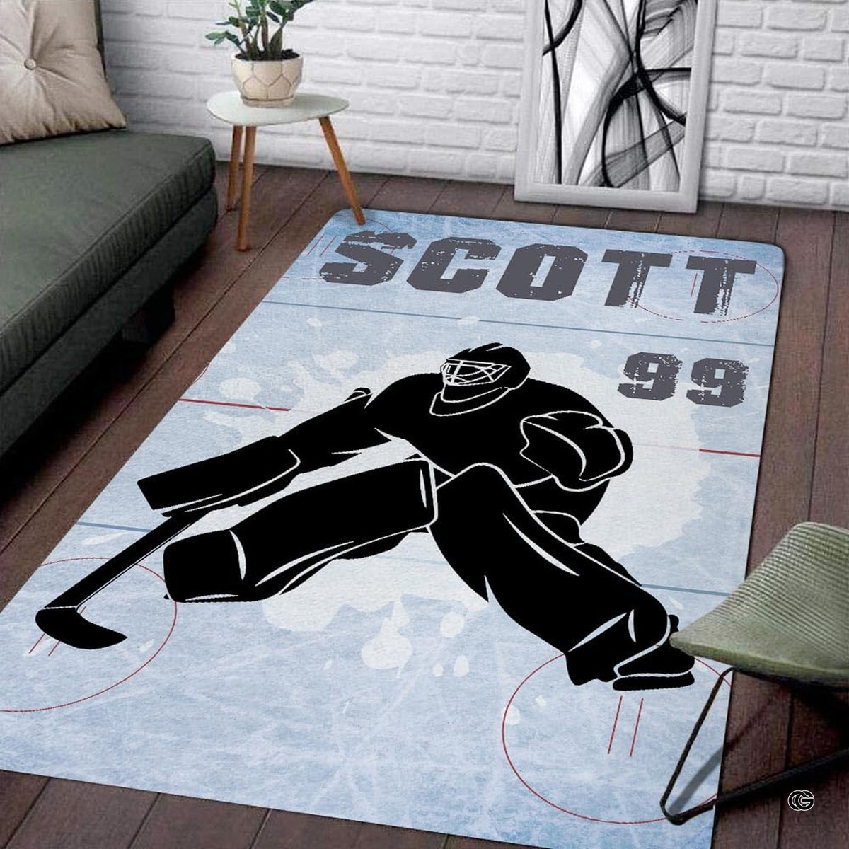 Custom ice hockey goalie rink living room area rug with butterfly save silhouette - image 1 of 7