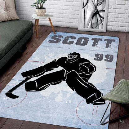 Custom ice hockey goalie rink living room area rug with butterfly save silhouette - thumbnail image 1 of 7