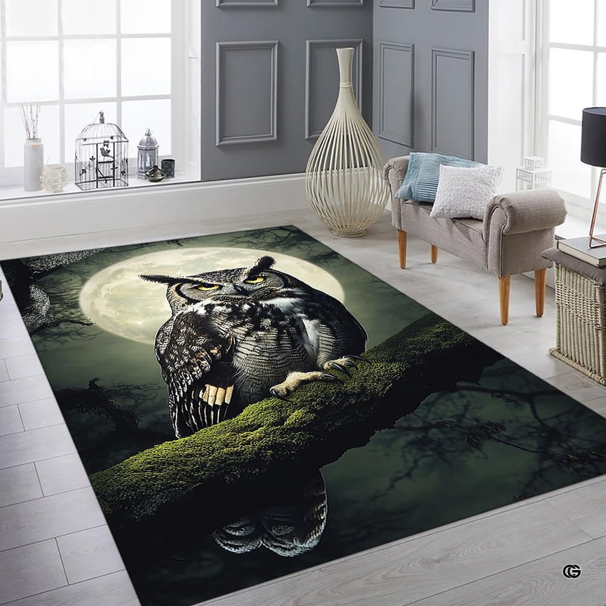 Overhead flat view of rectangular full moon horned owl wildlife area rug - image 8 of 8