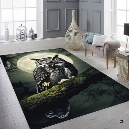 Overhead flat view of rectangular full moon horned owl wildlife area rug - thumbnail image 8 of 8