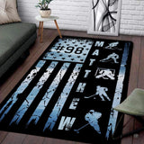 Distressed area rugs canada showcase hockey player silhouettes across an icy blue weathered flag graphic.