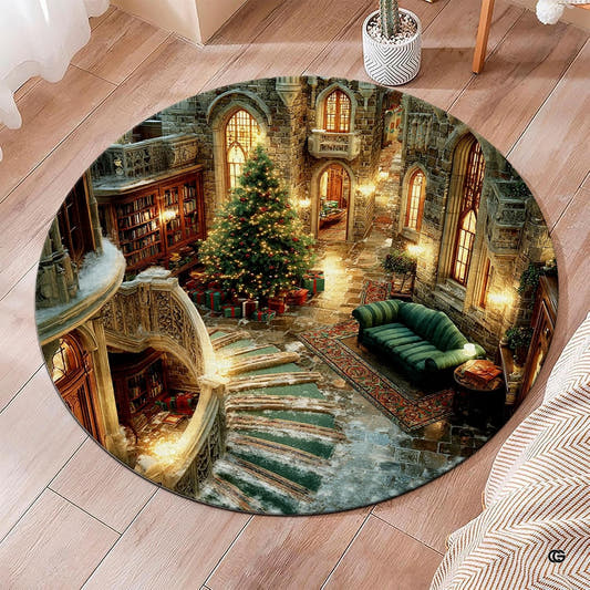 Round Christmas castle library rug with curved stairs, glowing windows, tree, gifts, bookcases, and green sofa