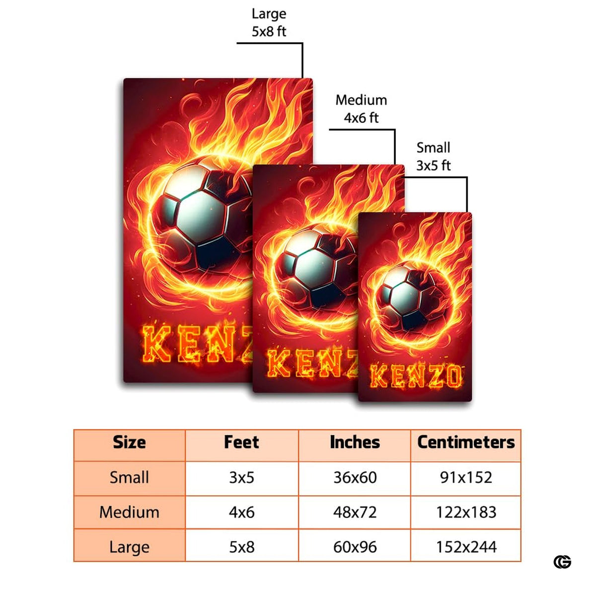 Dimension comparison chart displaying multiple size formats for this soccer area rug.
