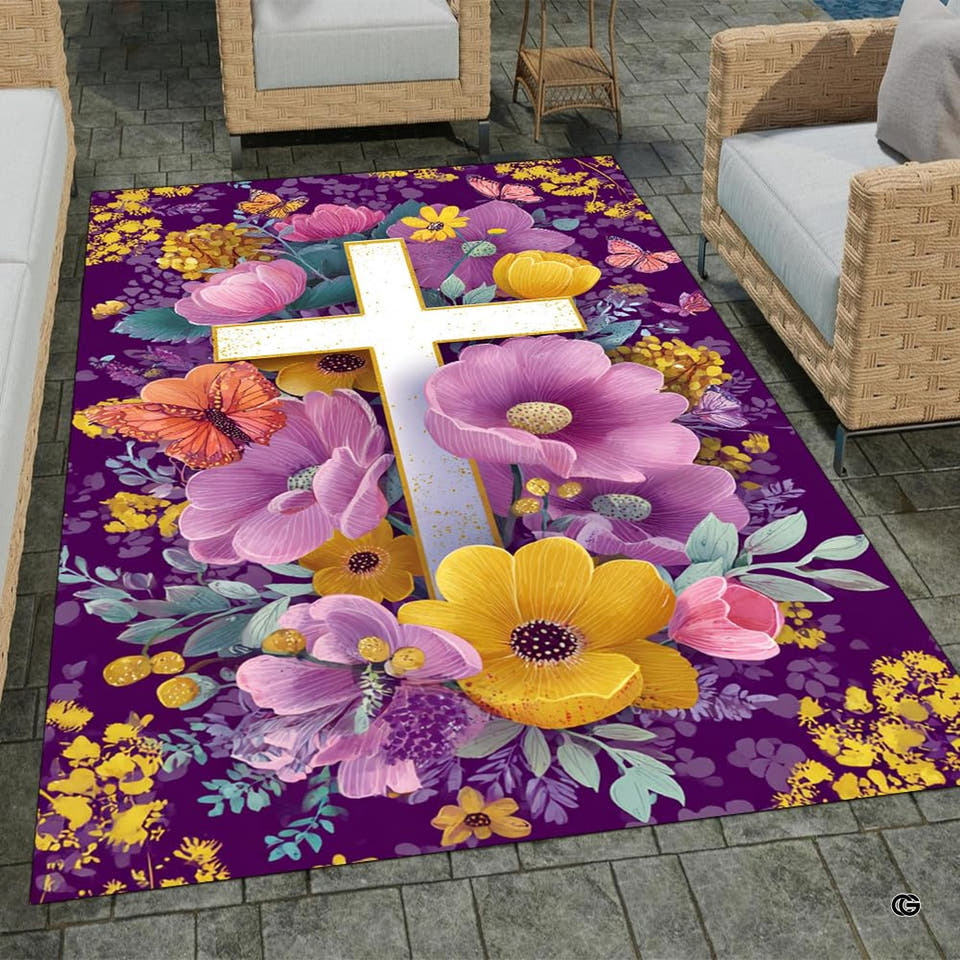 Area rug with white cross, yellow and purple flowers, and butterflies on floor