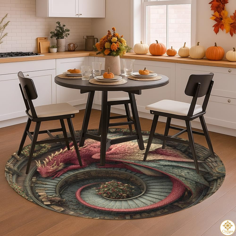 Personalized Dragon Round Rug with 3D Effect and Bookshelf Details