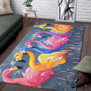 Impasto painted rainbow flamingo flock area rug styled in a modern living room interior - thumbnail image 2 of 2