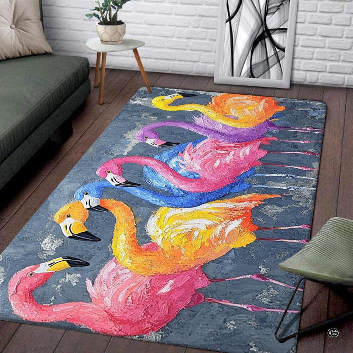 Impasto painted rainbow flamingo flock area rug styled in a modern living room interior - image 2 of 2