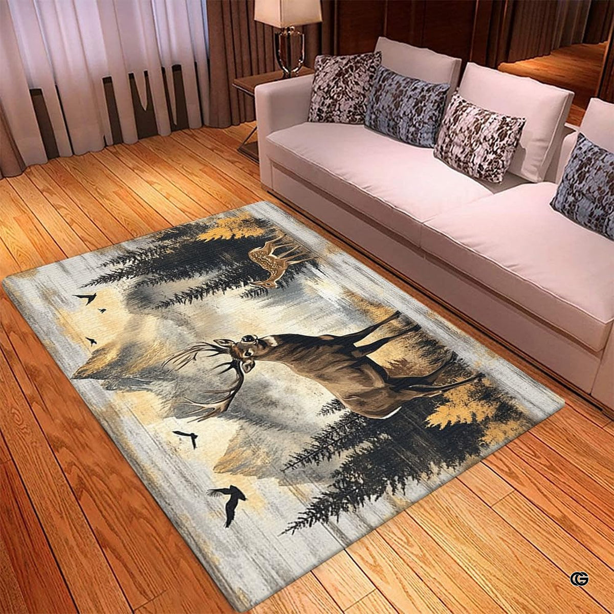 Close-up perspective highlighting detailed antler artwork and evergreen branches on this scenic wildlife floor rug. - image 2 of 5