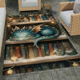 Cute baby blue dragon sleeping on a snow-dusted library bookshelf with warm festive fairy lights area rug.