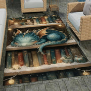 Cute baby blue dragon sleeping on a snow-dusted library bookshelf with warm festive fairy lights area rug. - thumbnail image 1 of 8