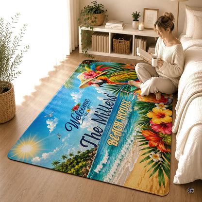 Personalized Tropical Beach Rug, Custom Family Name Tropical Outdoor Rug, Flamingo Surfboard Ocean Area Rug for Living Room, Patio, Beach House Decor, Design 04