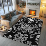 Living room fireplace scene displaying the baroque skull damask area rug