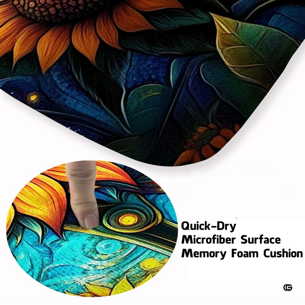 Close-up view of the soft microfiber surface, golden sunflower petals, and cosmic sky swirls