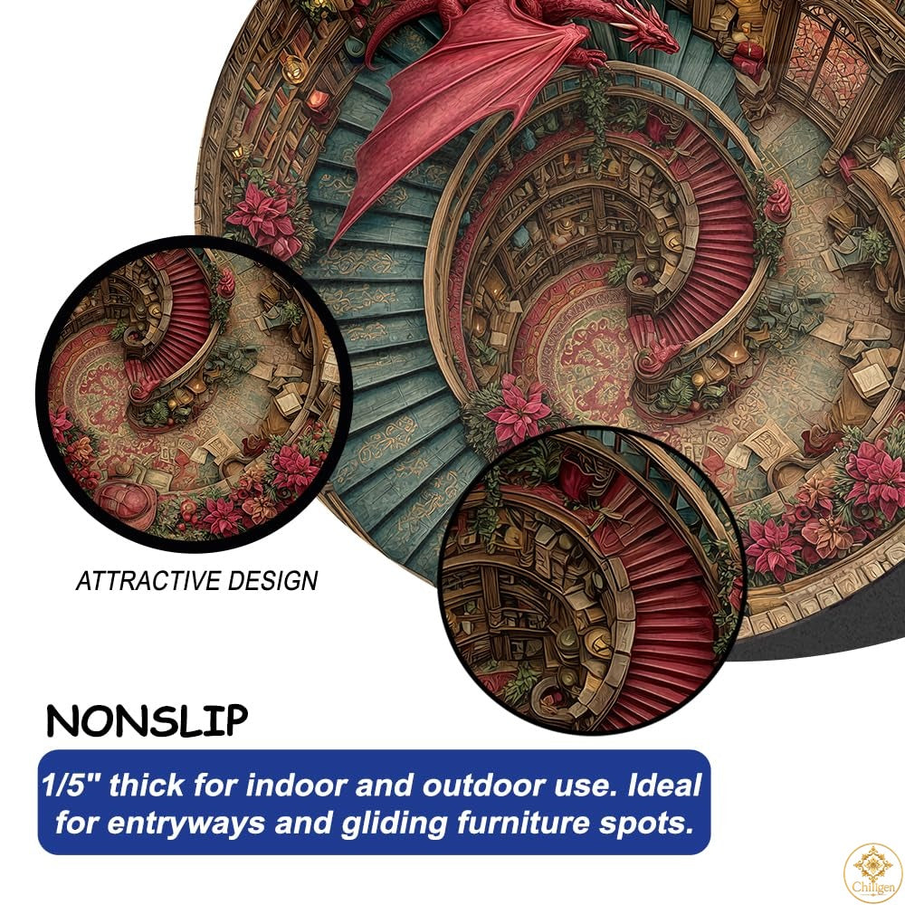 Personalized Dragon Round Rug with 3D Illusion and Low Pile