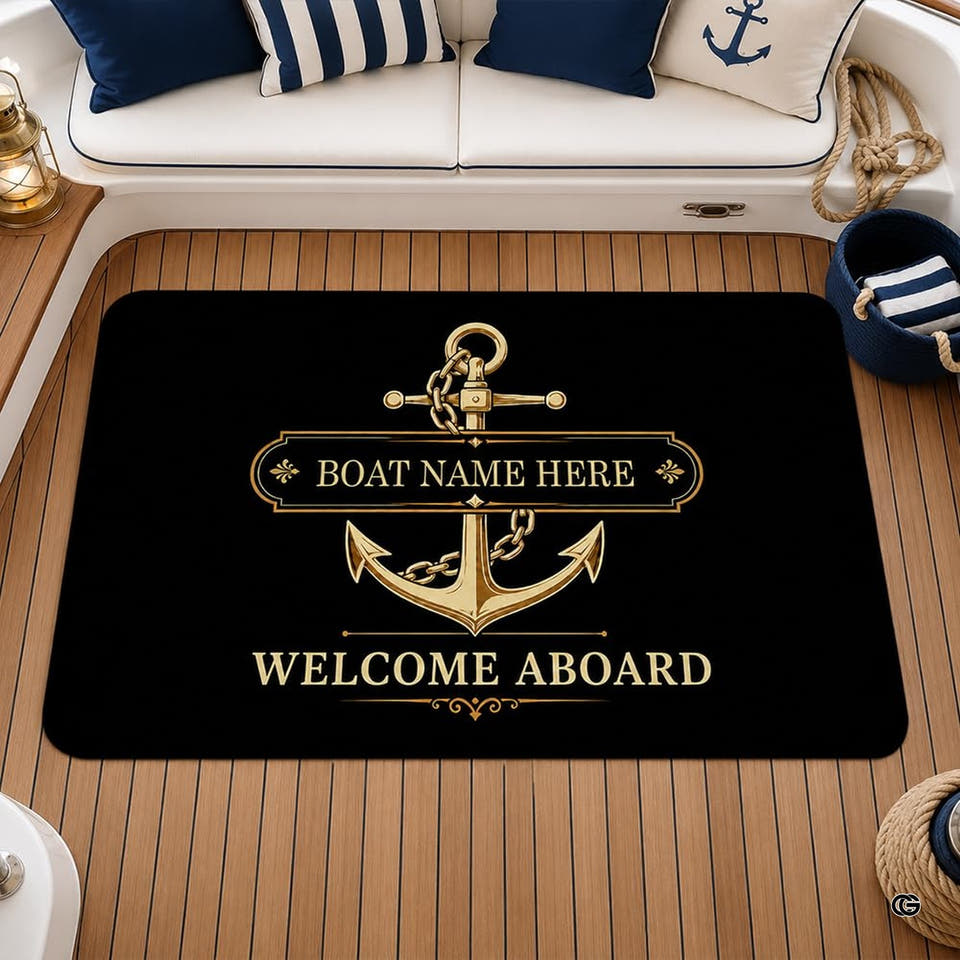Black nautical rug with ornate gold anchor and framed design