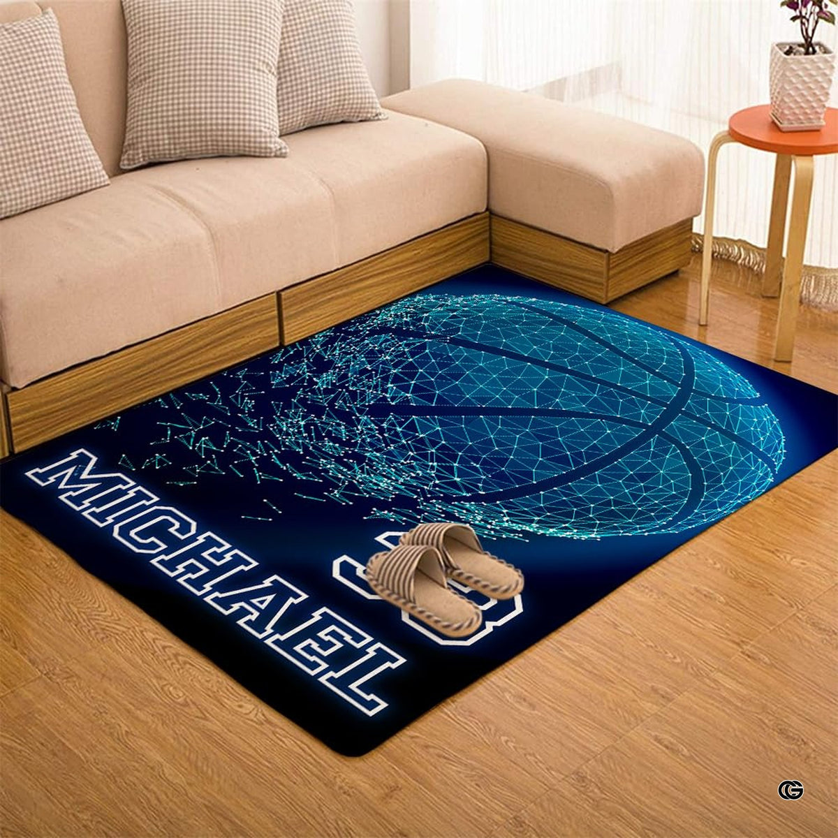 Basketball area rug placed alongside contemporary living room furniture.