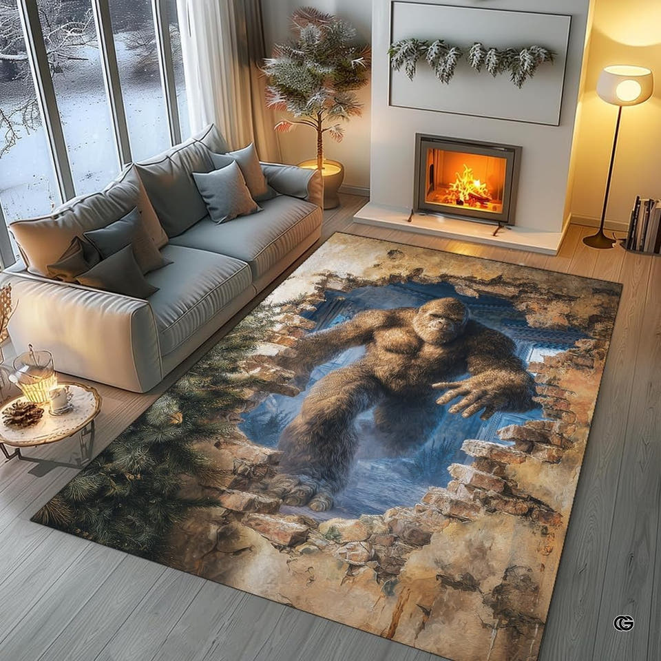 Bigfoot rug climbing from a blue shadowed stone opening