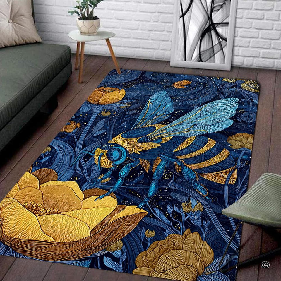 Botanical honeybee area rug displaying vibrant golden blossoms staged beside a sofa.