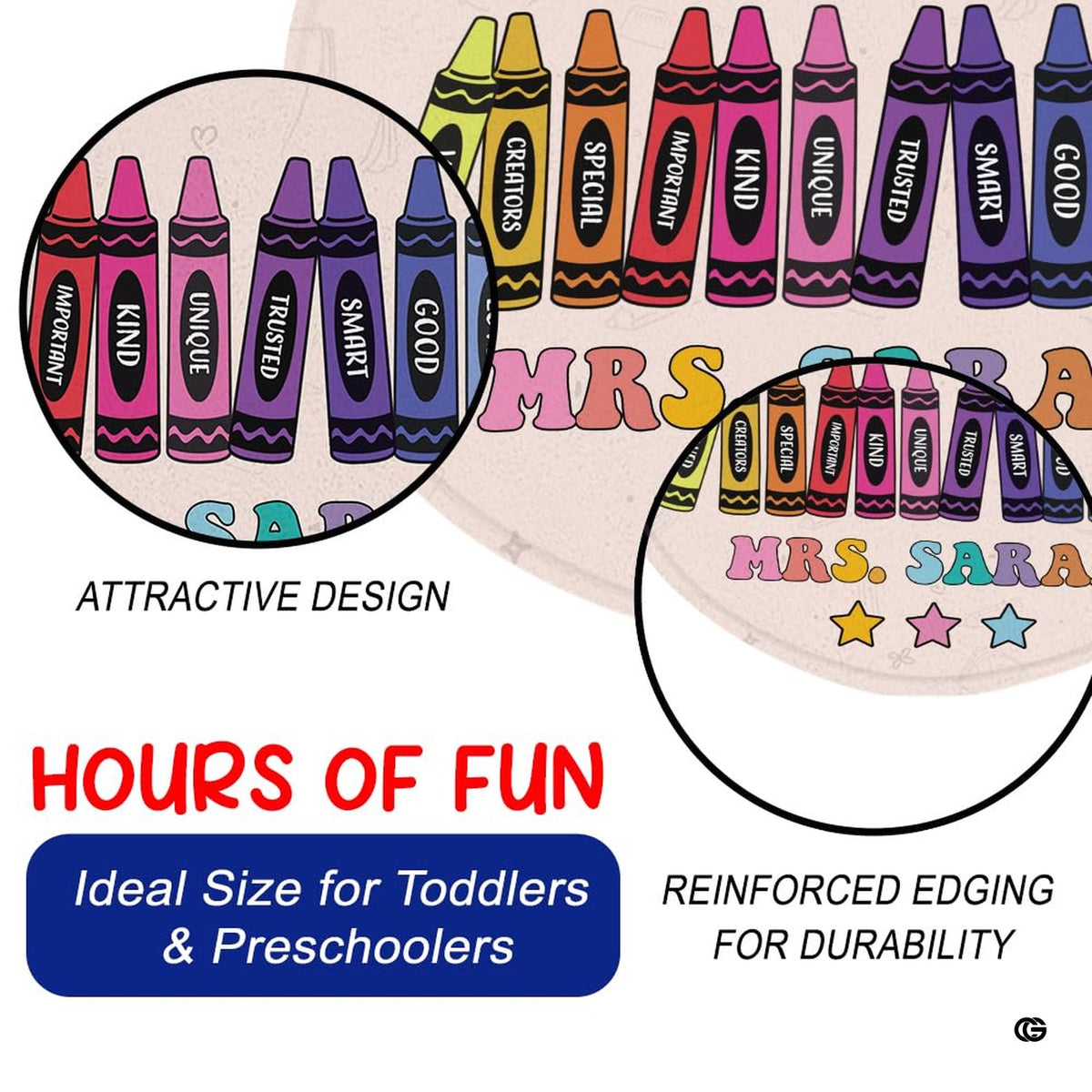 Overhead layout view of the round colorful classroom teacher area rug - image 7 of 9