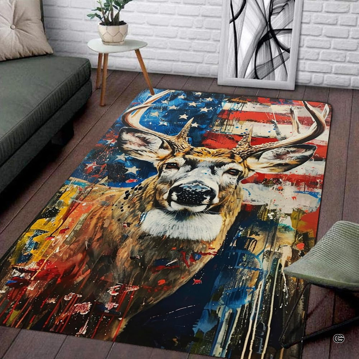 Patriotic American flag whitetail deer illustration rectangular area rug.