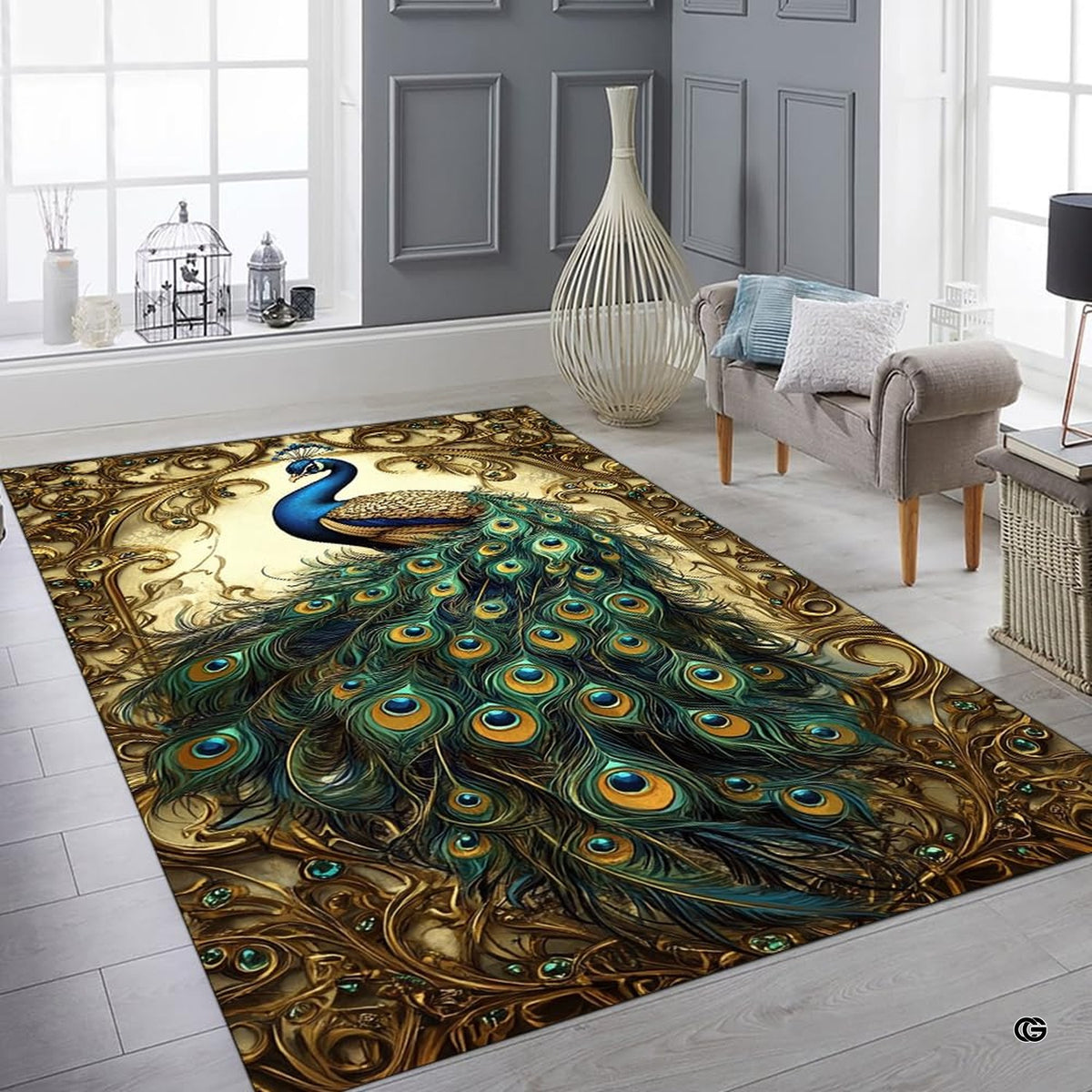 Bedroom layout showing the luxury peacock rug near wooden furnishings - image 6 of 8