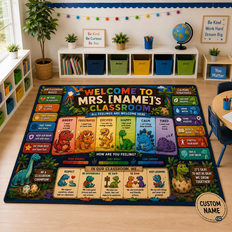 Classroom area rug with colorful educational panels, cheerful suns, and rainbow arcs.