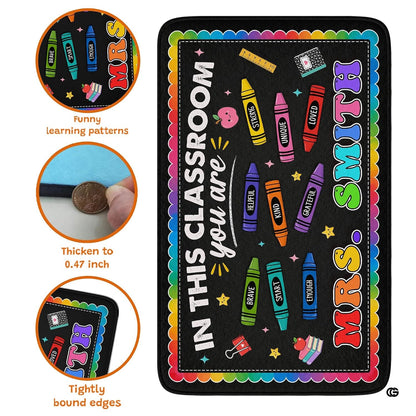 Personalized Teacher Classroom Rug, Custom Back to School Welcome Mat with Name, Kindergarten Preschool Elementary Decor, Composition Notebook Carpet (A01)