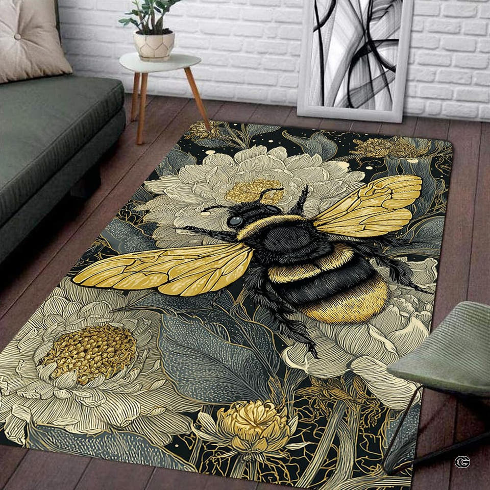 Bumblebee area rug displaying a detailed bee illustration on peony petals over a dark backdrop.