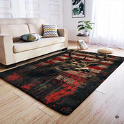Grunge stag deer hunting area rug styled on hardwood flooring in cabin living room. - thumbnail image 4 of 7