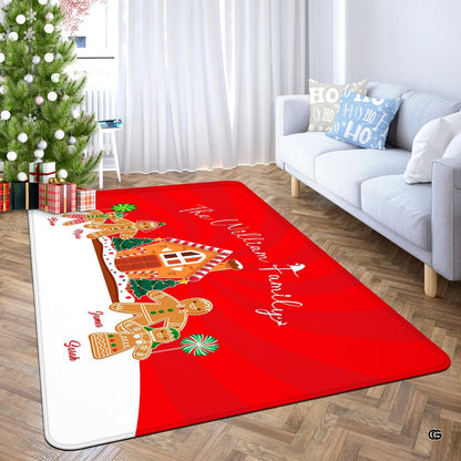 Christmas gingerbread family area rug displayed beside decorated Christmas tree and gifts - thumbnail image 3 of 9