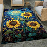 Stone patio setting featuring a celestial sunflowers starry night floral area rug