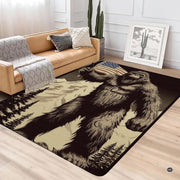 Vintage etched woodcut illustration of Bigfoot in a pine forest on a decorative floor rug. - thumbnail image 2 of 5