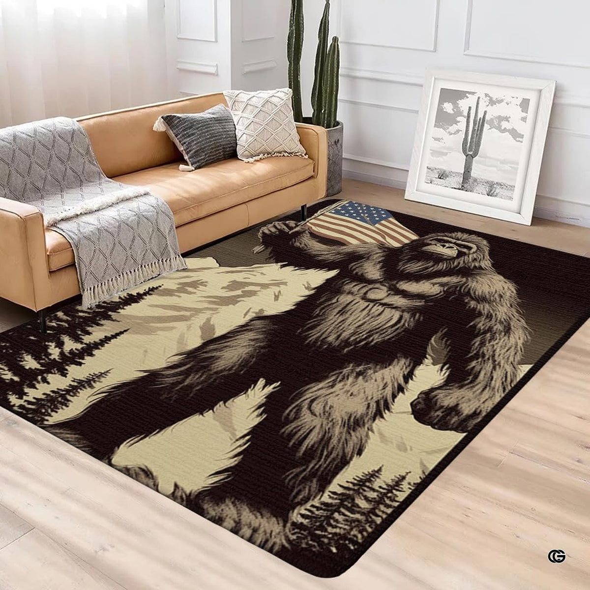 Vintage etched woodcut illustration of Bigfoot in a pine forest on a decorative floor rug. - image 2 of 5